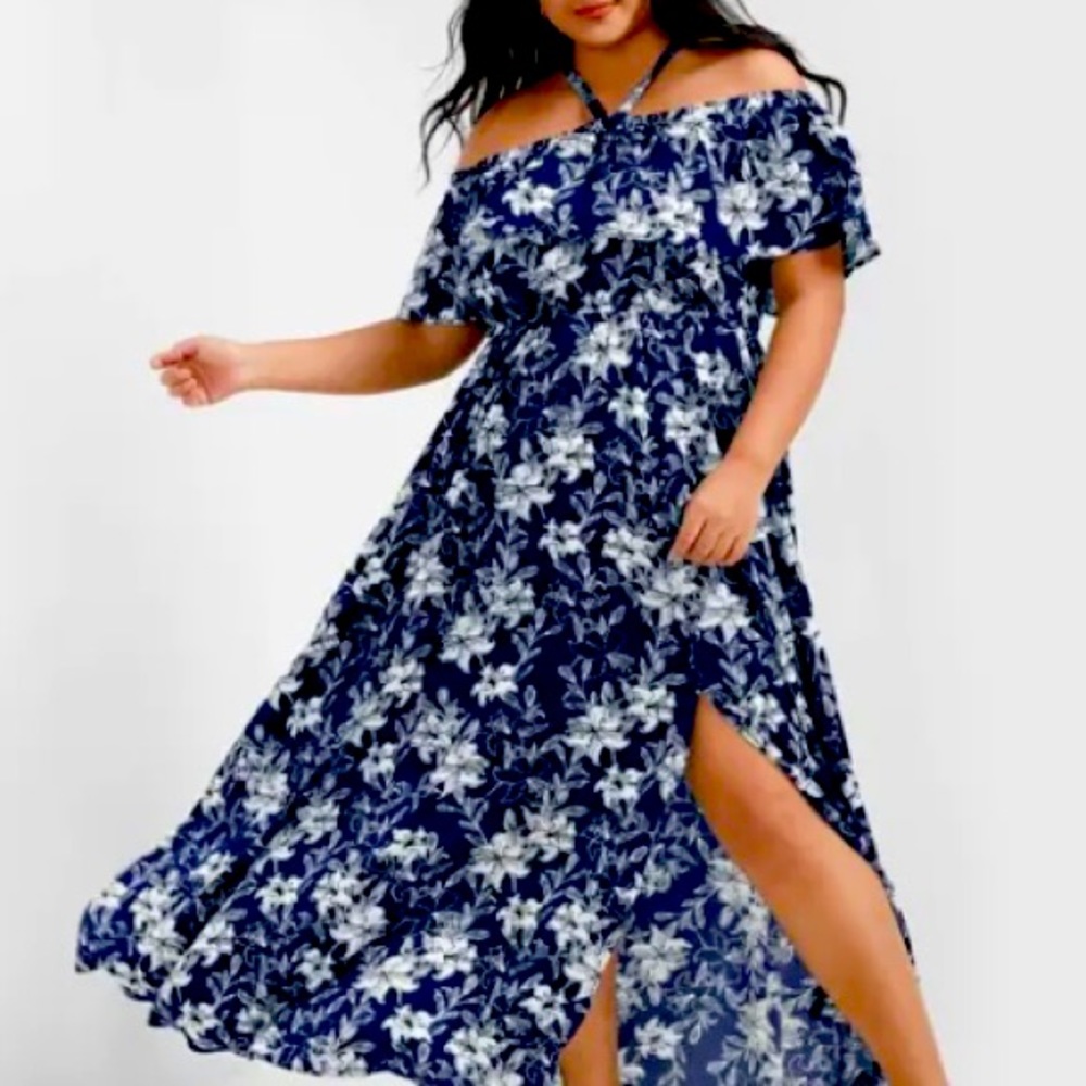 BloomChic Navy Floral Print Off The Shoulder Polyester Dress Size 18-20